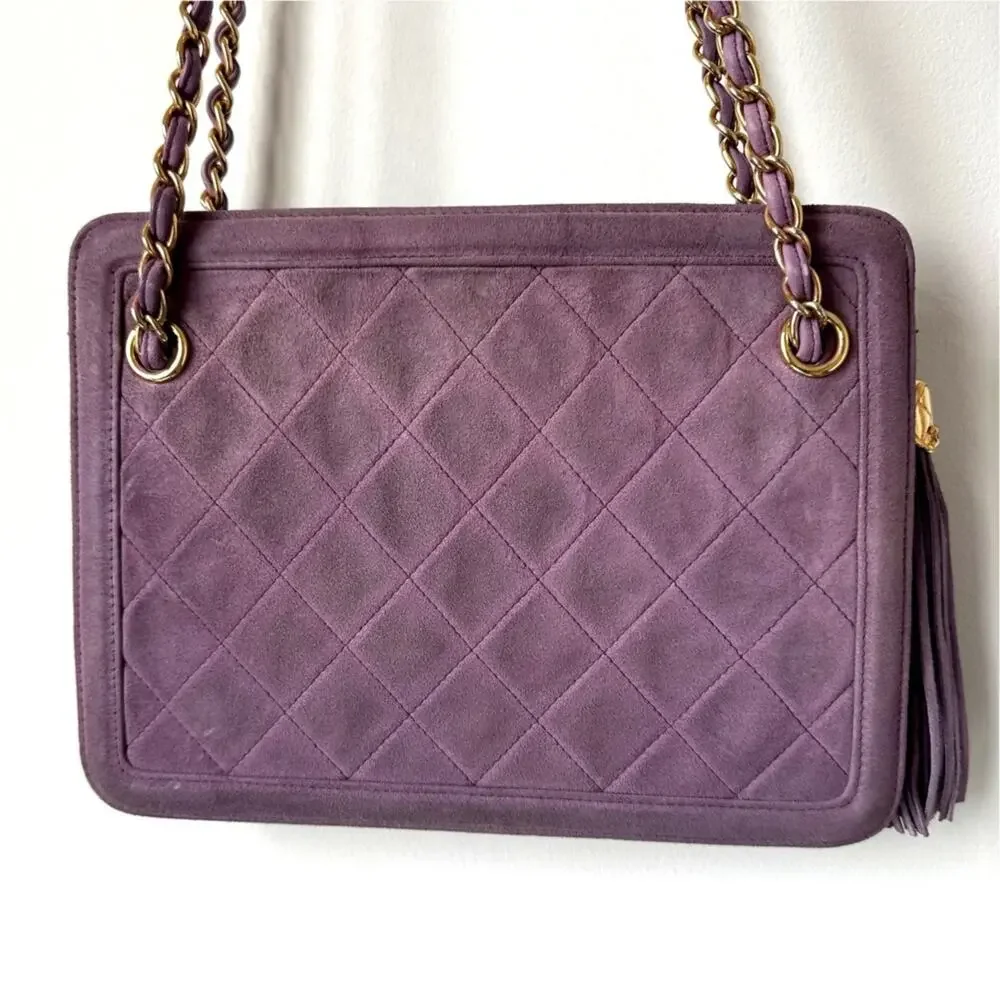 CHANEL Vintage Purple Quilted Suede Chain Link Shoulder Bag CC Logo Tassel Charm - Picture 9 of 16